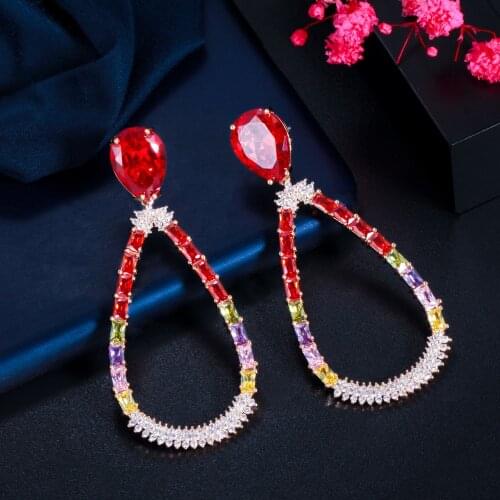 CWWZircons Druzy CZ Red Crystal Big Round Long Drop Earrings for Women Festive Pageant Wedding Party Jewelry Accesories CZ890