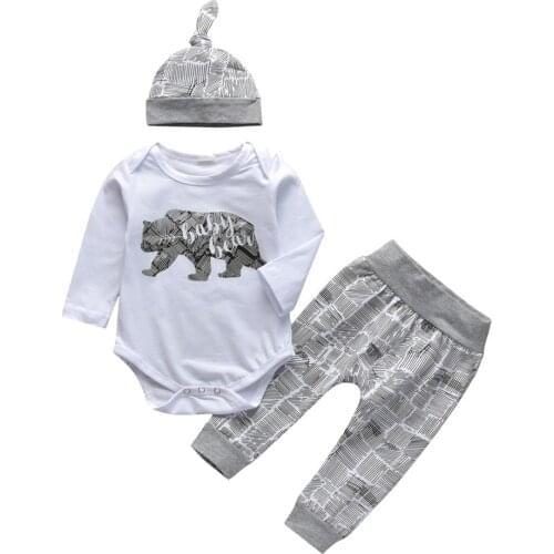 3Pcs Set For Baby Boy Infant Clothing Sets Baby Costume Animal Printed Bodysuit For Newborns and Long Pants With Cap Clothes Set