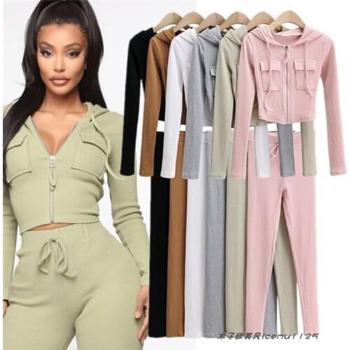 2 Peice Set Women Thread Casual Zipper Double Pocket Hooded Top Tights Running Sports Suit Fitness Clothes Outer Wear