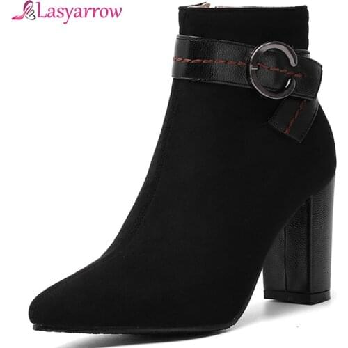 Lasyarrow Fashion 2019 New Arrival Large Sizes Flock Sewing Buckle Block High Heels Womens Boots Ankle Flock Green Shoes J1020