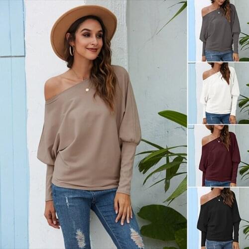 Hot kf-WomenS Off Shoulder Sweater Batwing Sleeve Ribbed Knit Pullover Tops
