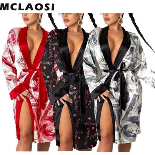 MCLAOSI 2021 Womens Summer Fashion Printed Satin Long-Sleeved Thin Bathrobe Nightgown Shawl Cardigan Nightdress Robes For Women
