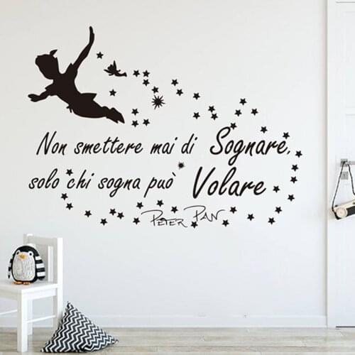 Cartoon Italian Quote Peter Pan Wall Sticker Nursery Kids Room Peter Pan Fly Italian Never Stop Dream Inspiral Quote Wall Decal