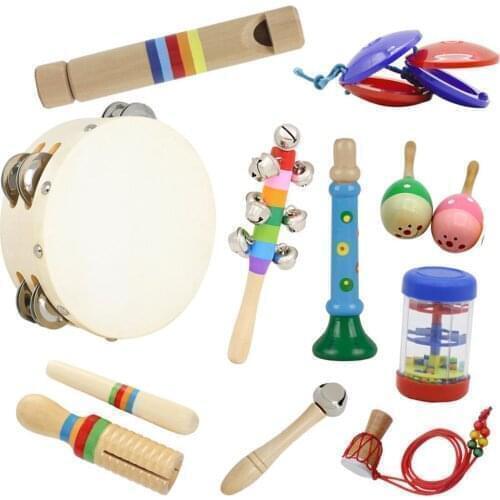 10pcs Orff Musical Instrument Set Hand Tambourine+Rain Sound Tube+Sound Tube+Flute+Rattle+Barbell+Horn+Maracas+Necklace+Castanet