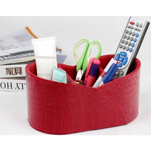 3-slot home office boat-shaped desktop leather storage box case organizer for remote controller cosmetics sundries red 256B