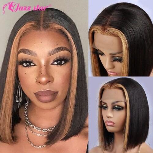 Brazilian Highlight Straight Short Bob Lace Front Wigs 13x4x1 Lace Front Human Hair Wigs Pre-plucked Jazz Star Closure Wig