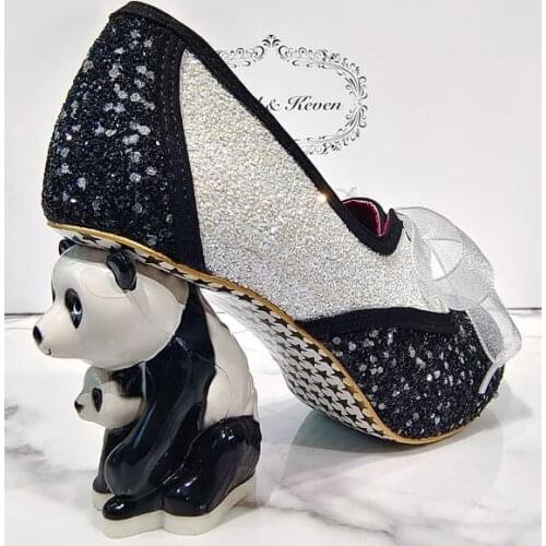 Drop Shipping Cute Stereo Panda Heels Sequins Pumps Mary Jane Platform Patchwork Bling Animal Strange Heel Lace Up Wedding Shoes