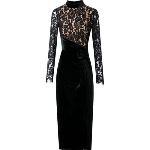 Lace Splicing Velvet Vestidos Elegant Split Robe Trendy Black Plus Size Dress Women Spring Fall Autumn Office Ladies Midi Dress