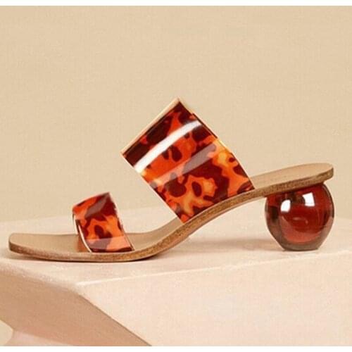 Clear PVC Square Toe Ladies Shoes Transparent Crystal Round Ball Heel Slippers Women Leopard Grain Jelly Sandals