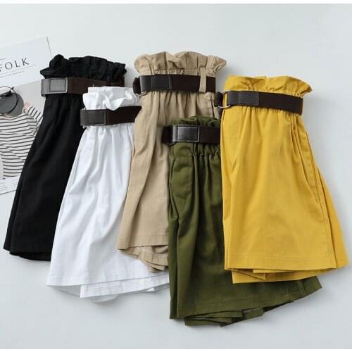 Korean Simple Solid Summer Shorts with Belt 2021 Loose High Waist Slim Loose Green Shorts Women Black Paperbag Shorts