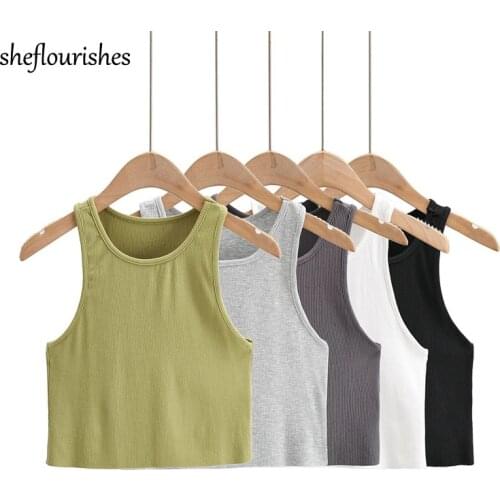 Summer Tank Top Women O neck Tops Sleeveless Knit Crop Tank Top Corset White Crop Top Vintage Black Tops Ribbed Green Vest 2021