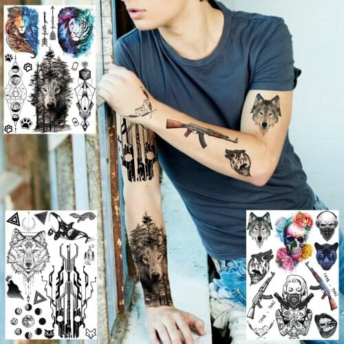 Lion Colorful Temporary Tattoos For Men Women Fishon Death Sukll Gangster Wolf Tattoo Sticker Fake Body Art Geometric Tatoo Gun