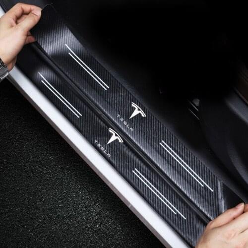 4PCS Leather Carbon Fiber Pattern Car Door Sill Guard Protected Stickers For Tesla Model S Model 3 Model X Model Y Accessories