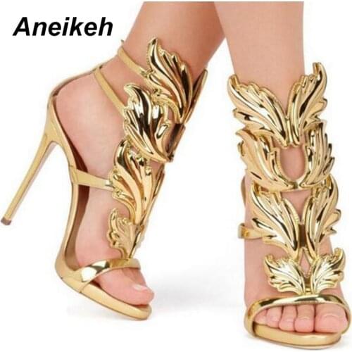 Aneikeh PU Gladiator Cross-Tied Exquisite Fretwork Women Sandals Fashion Summer Thin Heels Pointed Toe Buckle Strap Wedding 2021
