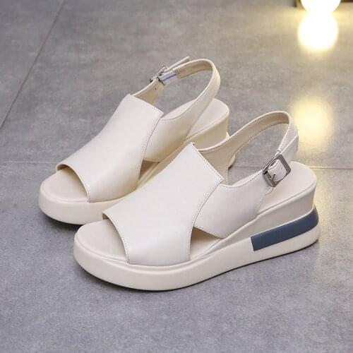 2021 New Summer Platform Wedge Leather Sandals Women Fashion Soft Leather Fish Mouth Shoes for Women Increase Cake Womens Shoes