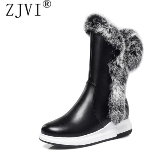 ZJVI 2020 Women Sexy Fur Mid Calf Boots Womens Winter Autumn Snow Boots Sexy Woman Black Autumn White Flats Ladies Flat Shoes