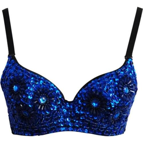 Luxury Blue Beading Sequins Sexy Underwear Plus Size Bras For Women Push Up Bra Victorian Bralette Top Rave Party Wear Brassiere