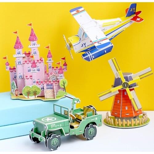 97BE 3 D Puzzle Kids DIY Cardboard 3D Building Puzzle Model Blocks Cartoon Garden Zoo Pink Castle Frigate Windmill House
