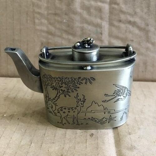 Antique QingDynasty copper sculptuer deer crane teapot / bottle,hand-made crafts,,Collection&Adornment,Free shipping