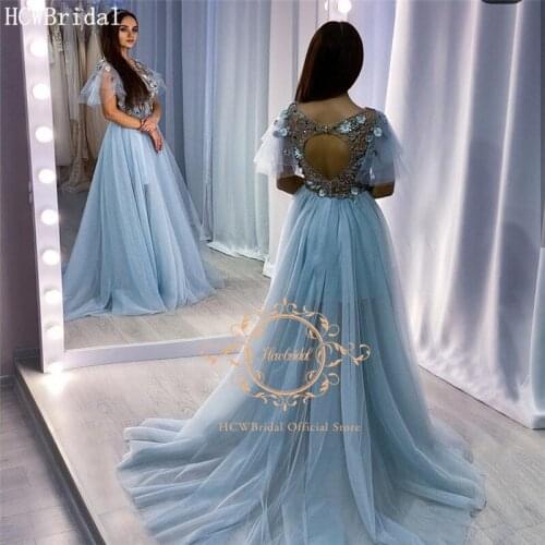 Baby Blue Luxury Evening Dress Open Back Short Sleeves Exquisite Beads Flowers Long Formal Dresses Customize Prom Party Gown