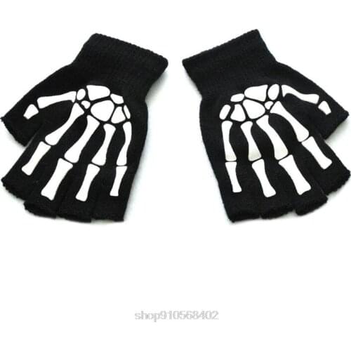Unisex Adult Skeleton Skull Half Finger Gloves Glow in the Dark Fingerless Stretch Knitted Winter Mittens N17 20 Dropshipping