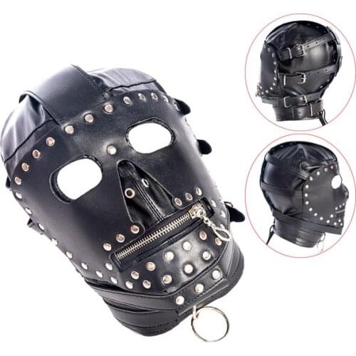 Leather Hood Mask BDSM Slave Zipper Open Mouth Head Bondage Harness Halloween Mask Fetish Cosplay Erotic Costume Couple Sex Toy