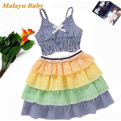 Summer Outfit Set New Toddler Baby Girls Clothes Set Plaid Clothes Bow V-Neck Vest Top Ruffles Layered Cake Skirt 2-6Years