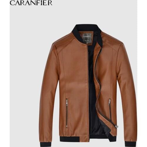 CARANFIER Mens Leather Jackets Motorcycle Stand Collar Zipper Pockets Male Washing PU Coats Biker Faux Leather Fashion Outerwear