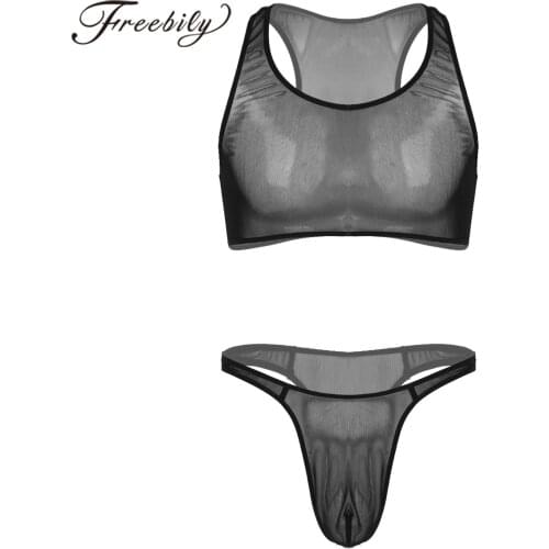 Men Sexy See Through Mesh Lingerie Two-piece Suit Swimwear Sleeveless Cropped Tank Top with Low Waist Thongs Briefs Plus Size