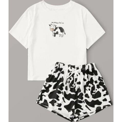 Cow Letter Printed Nightgowns Women Summer New Cotton Pajama Set Female 2020 Casual Short Sleeve T-Shirt and Shorts Home Clothes