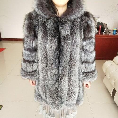 New brand silver fox fur coat vertical style fashion women winter beautiful jacket real silver fox fur coat hood