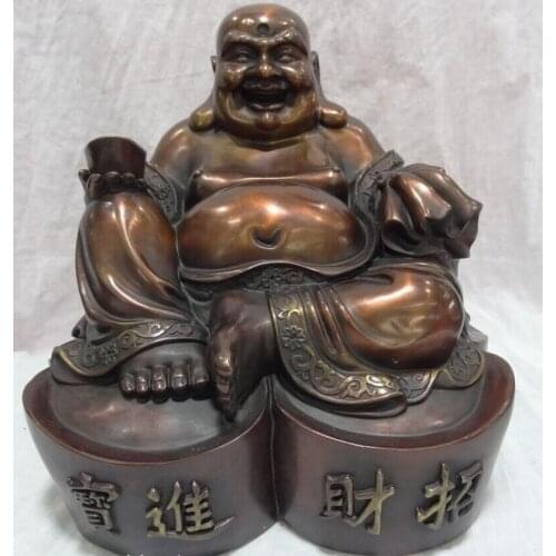 Song voge gem S3002 12" China Pure Bronze Buddhism Happy Laughing Maitreya Buddha Statue Monkey Bag