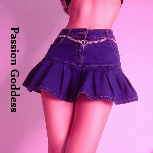 Sexy Women Girls Denim Pleated Skirts High Waist Mini Ruffles Skirt Gothic Streetwear College Party Denim Pink Skirt Harajuku