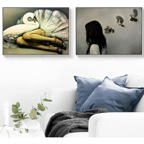 Birds and Girl Drawing Picture Home Decor Nordic Canvas Painting Wall Art Posters and Prints Figure Lady Decor for Bedroom