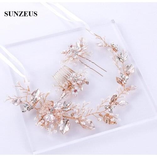 Luxury Hand-made Crystal Bridal Headband With Leaves Gold Metal Bride Chain Wedding Accessory With Combs 3 Pieces 1 Set SQ313