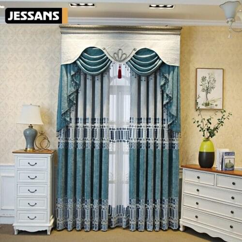 Luxury Simple European Style Cashmere Embroidered Curtains for Living Room Bedroom Blue Blackout Curtain Valance Decoration