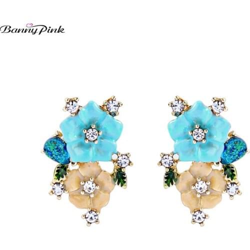 Banny Pink Chunky 2 Tone Colors Enamel Flower Studs Earrings For Women New Rhinestone Statement Prevent Allergy Post Earrings