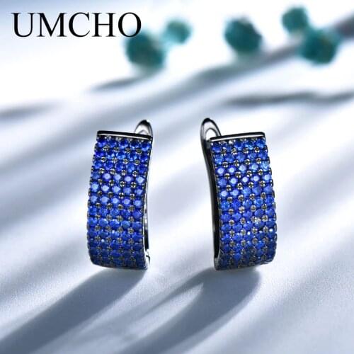 UMCHO Solid Silver 925 Jewelry Round Created Nano Blue Gemstone Clip Earrings For Women Party Birthday Gifts Charms Fine Jewelry