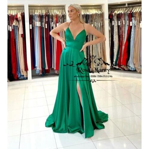 Hunter Green Long Satin Prom Dresses 2021 A Line Halter Backless Side Split Cheap Simple Wedding Guest Party Gowns Maid of Honor
