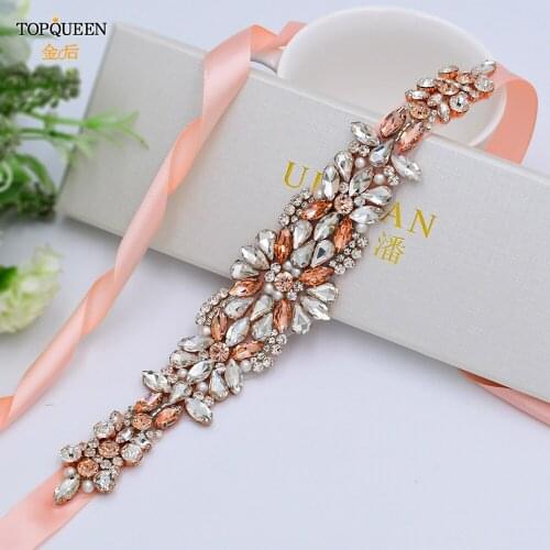 TOPQUEEN S423 Luxury Rose Gold Wedding Dress Belt Rhinestone Belts Fashion Design Bridal Belt with Diamonds Evening Dress Belt