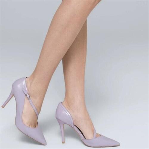 Womens Pointed Toe Stiletto Heels Dress Pumps Female Buckle Cross Shallow 12cm Ultra High Heels Wedding Shoes Woman Purple