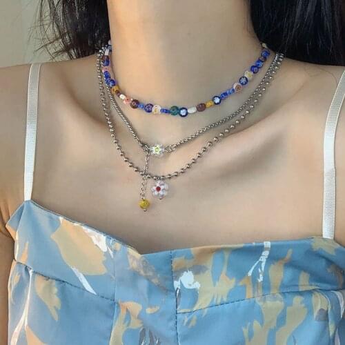 U-Magical Harajuku Multi-layer Multicolor Flower Beads Pendant Necklace for Women Arcylic Contrasted Chain Necklace Jewelry