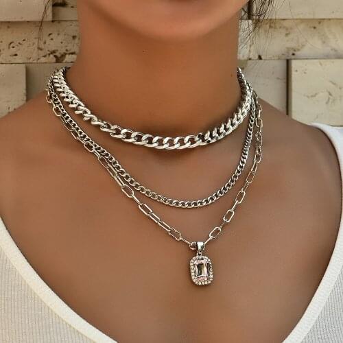 YC-UPGO Fashion New Silver Color Multi-layer Chain Necklaces For Women Female Rectangular Crystal Pendant Necklace Jewelry Gift