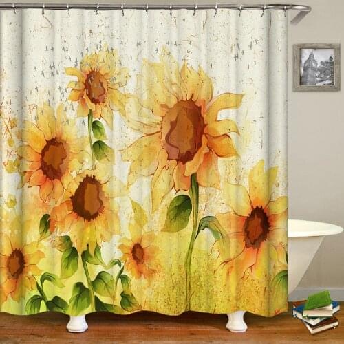 Cartoons Shower Curtain Flowers Sunflower Cactus Green Plant Pattern Frabic Bathroom Curtains With 12 Hooks Bathtub Decoration