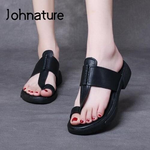Johnature Genuine Leather Summer Shoes Women Slippers 2021 New Outside Slides Leisure Handmade Sewing Concise Ladies Slippers