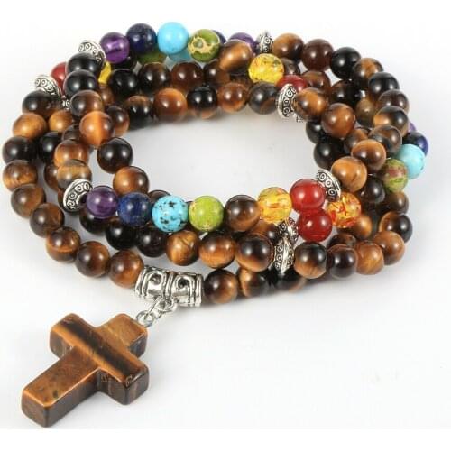 108pcs Mala Beads Natural Stone Lucky Cross Charm Bracelets Men Women Reiki Healing Amulet 7 Chakra Bracelet Buddhist Rosary