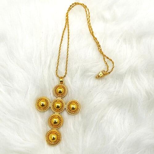 Gold Color Ethiopian Cross Pendant Chain Necklaces for Women Girls, Eritrea Jewelry African Crosses Party Gift