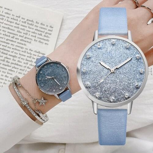 Elegant Women Romantic Starry Sky Wrist Watch Bracelet Leather Rhinestone Designer Ladies Clock Simple Dress Gfit Montre Femme