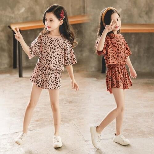 New Girls Clothes Leopard Print Childrens Clothes Tshirt + Shorts Girls Clothes Teenage Childrens Costume 6 8 10 12 13 14 Year