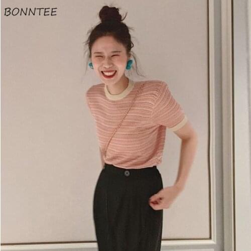 T-shirts Women Classical Striped Slim Summer Female Tops Patchwork Fashion Ulzzang Casual O-neck All-match Stretchy Elegant Chic